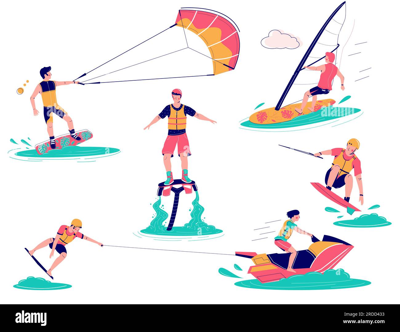Ensemble de sports nautiques extrêmes, illustration isolée à plat vectorielle Illustration de Vecteur