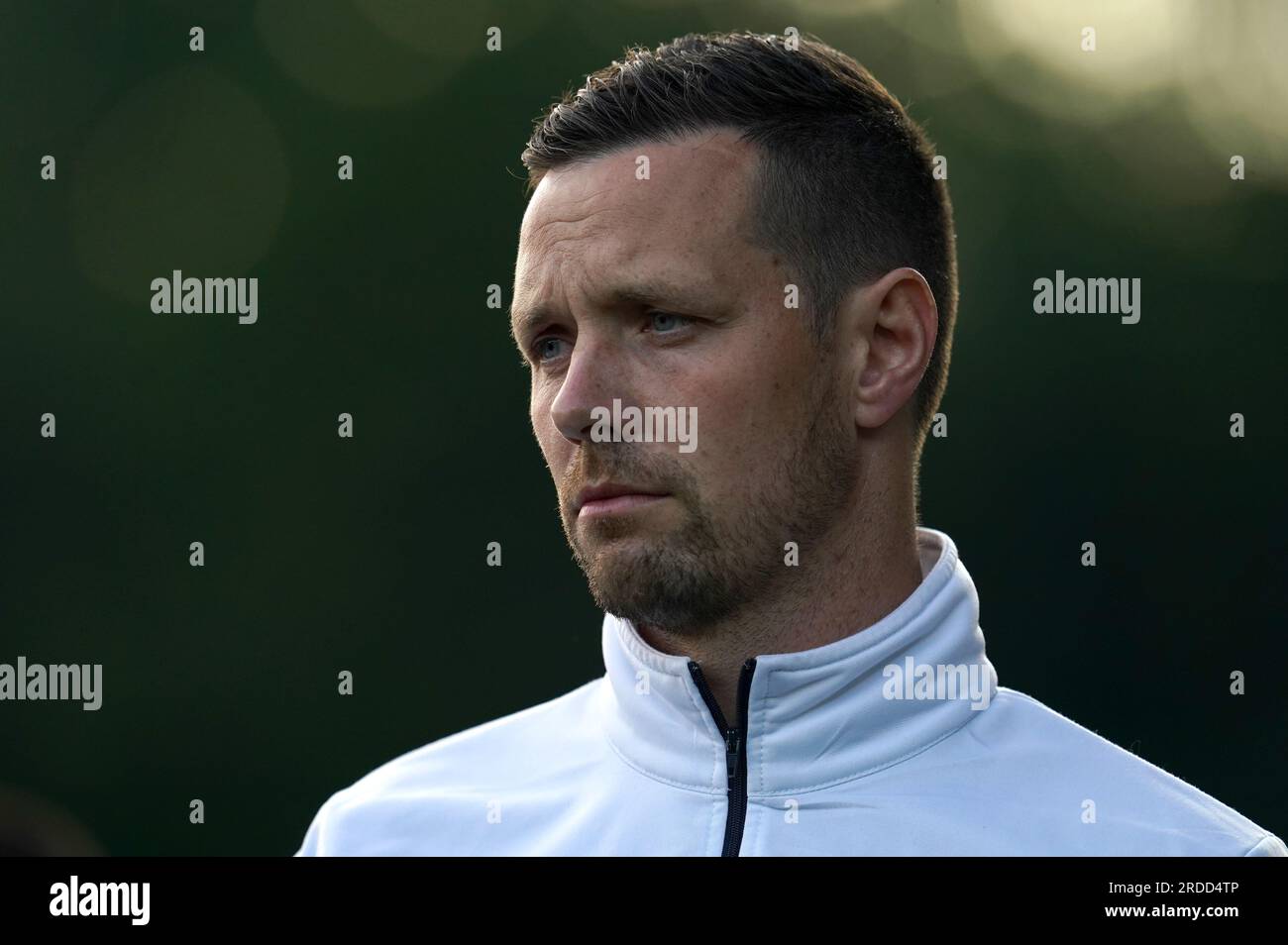 Hallgrimur Jonasson, entraîneur de KA Akureyri, lors du premier tour de qualification de l'UEFA Europa Conference League, match de deuxième étape au Park Hall Stadium, Oswestry. Date de la photo : jeudi 20 juillet 2023. Banque D'Images