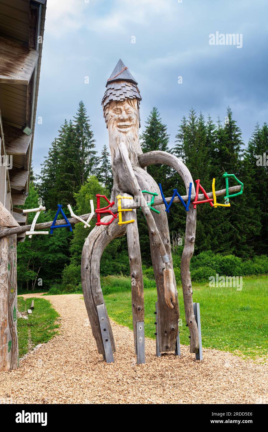 Bernau, Allemagne - 1 juillet 2023 : la figure naine en bois au début du chemin magique de la forêt à travers le paysage des hautes landes du Taubenmoos in Banque D'Images