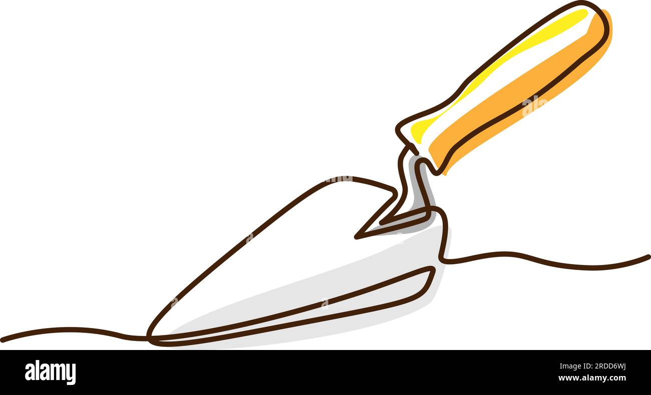 Truelle maçon. Dessin continu d'une ligne. Construction et réparation. Illustration vectorielle sur fond blanc avec des taches de couleur. Illustration de Vecteur