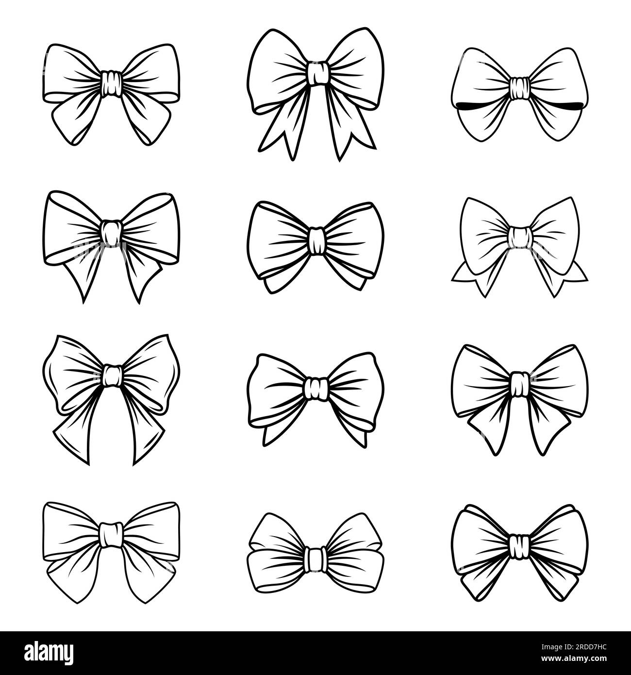 Vecteur noeud papillon noir et blanc ou silhouette d'arc cadeau avec contour, ensemble d'icônes découpées isolé sur fond blanc. Collection Bows. Conception en forme d'arc Illustration de Vecteur