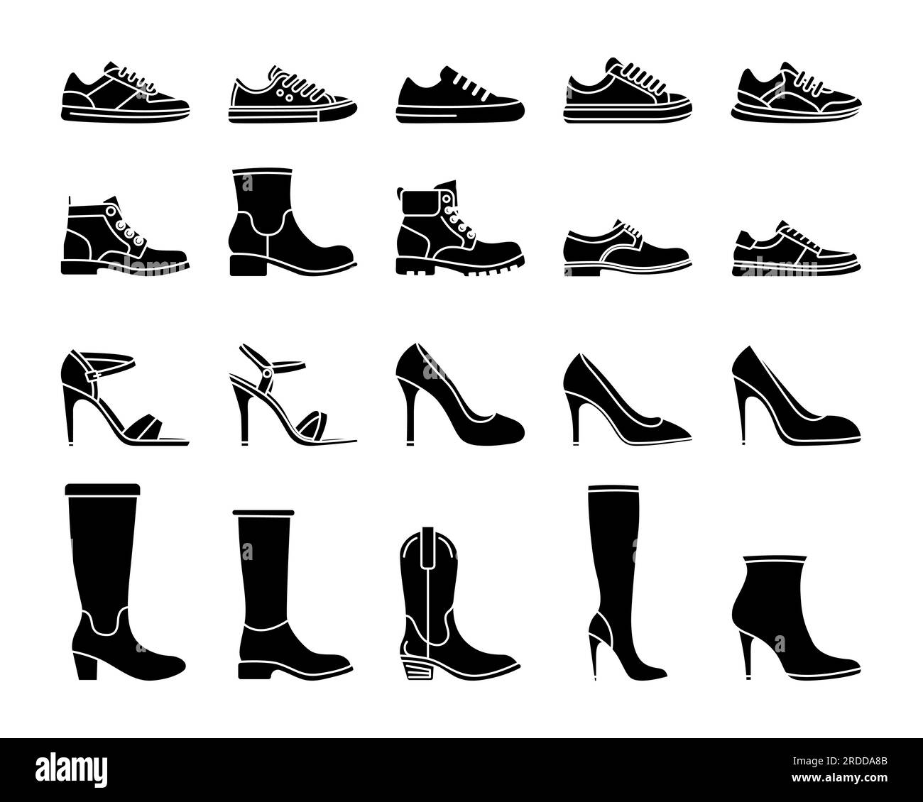 Flta Vector Silhouette Chaussures Homme et Femme ensemble d'icônes isolé. Baskets, Chaussures, Bottes Chaussures icônes Illustration de Vecteur