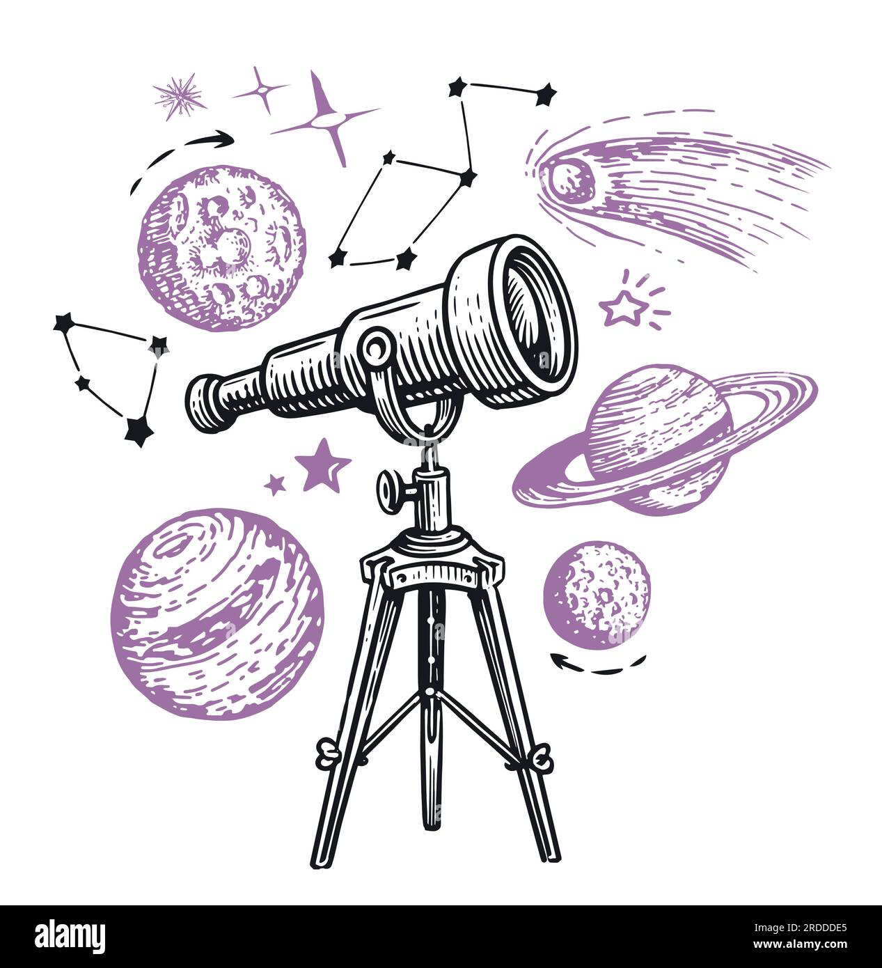 Télescope observant les étoiles et les planètes. Astronomie, concept d'exploration spatiale. Illustration vectorielle d'esquisse Illustration de Vecteur