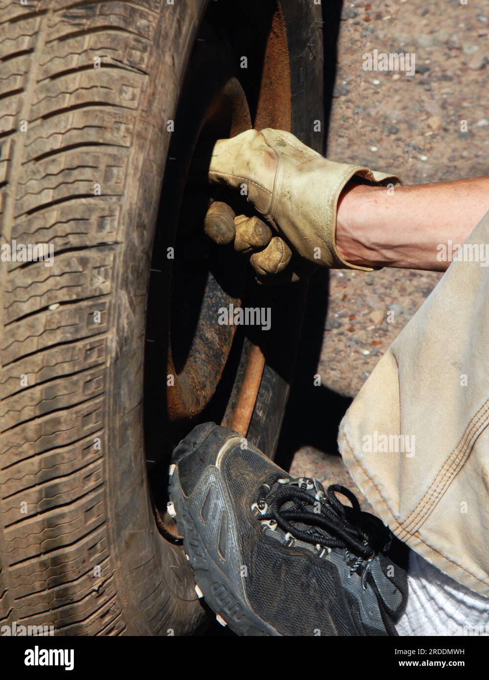 La main d'un homme se boulonne sur une roue de secours après un éclatement. Le pied revêtu de sneaker maintient la pression sur le dessous du pneu. Banque D'Images