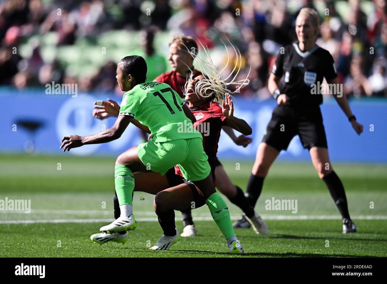 Ashley Lawrence, du Canada, réagit lors du match de la coupe du monde féminine de la FIFA du groupe B entre le Nigeria et le Canada au Melbourne Rectangular Stadium, le 21 juillet 2023 à Melbourne / Naarm, Australie. Photo par Izhar Khan Banque D'Images