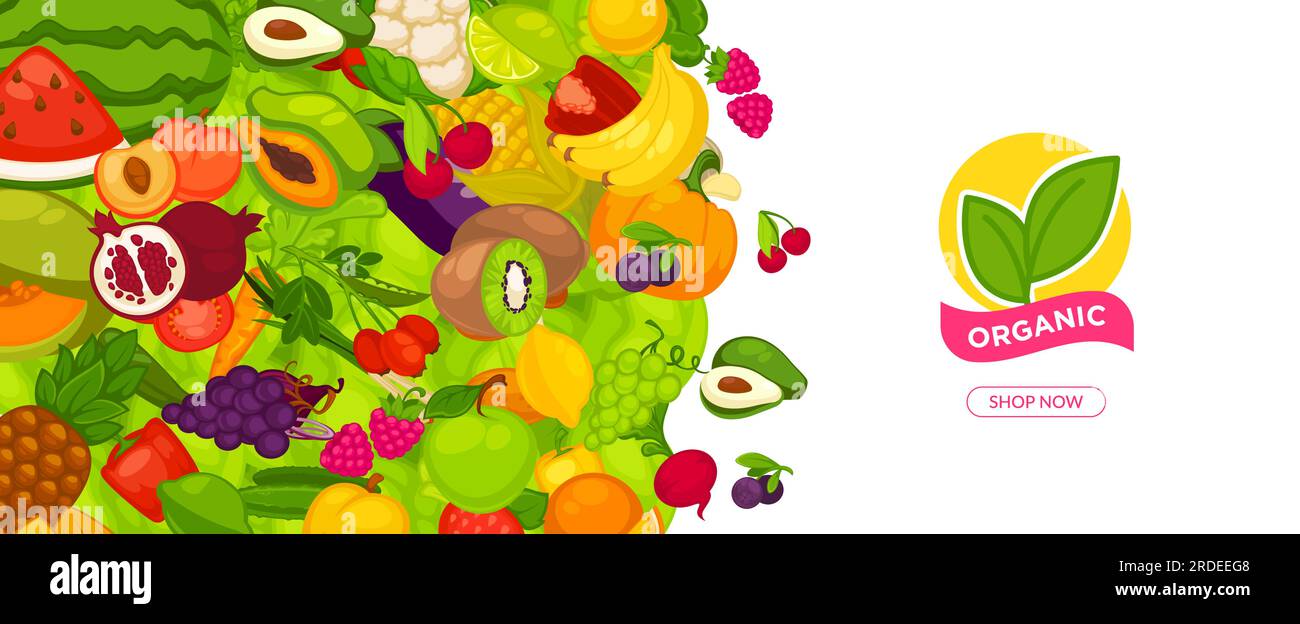 Boutique vendant des aliments et des ingrédients biologiques. Conserver avec des fruits et des légumes, des kiwis et des pamplemousses exotiques, de la grenade et de la papaye, de la pastèque. Site Web b Illustration de Vecteur