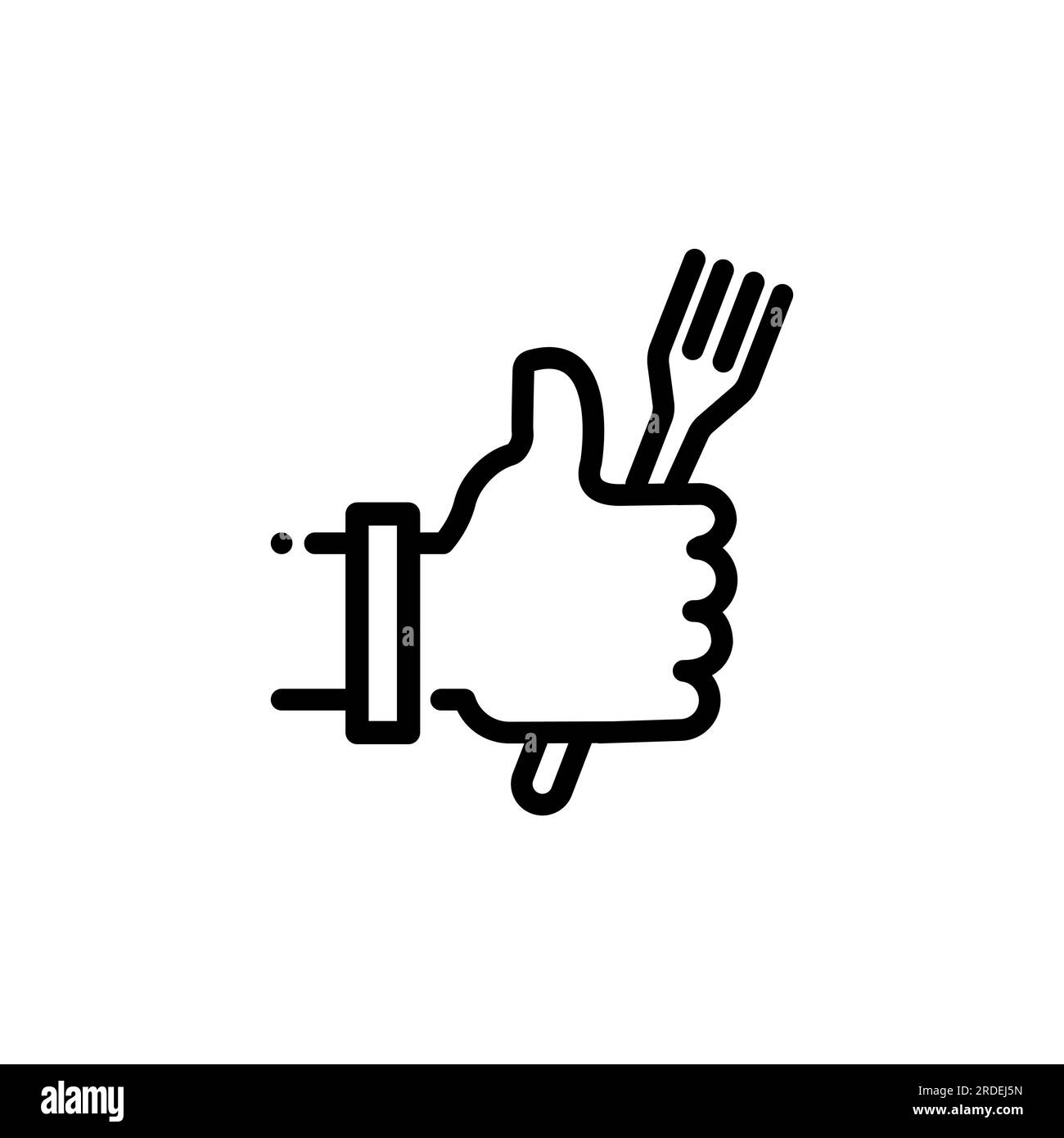 Une bonne icône alimentaire. Une main avec le pouce levé et une fourchette dans les mains. Illustration vectorielle linéaire simple sur fond blanc. Illustration de Vecteur