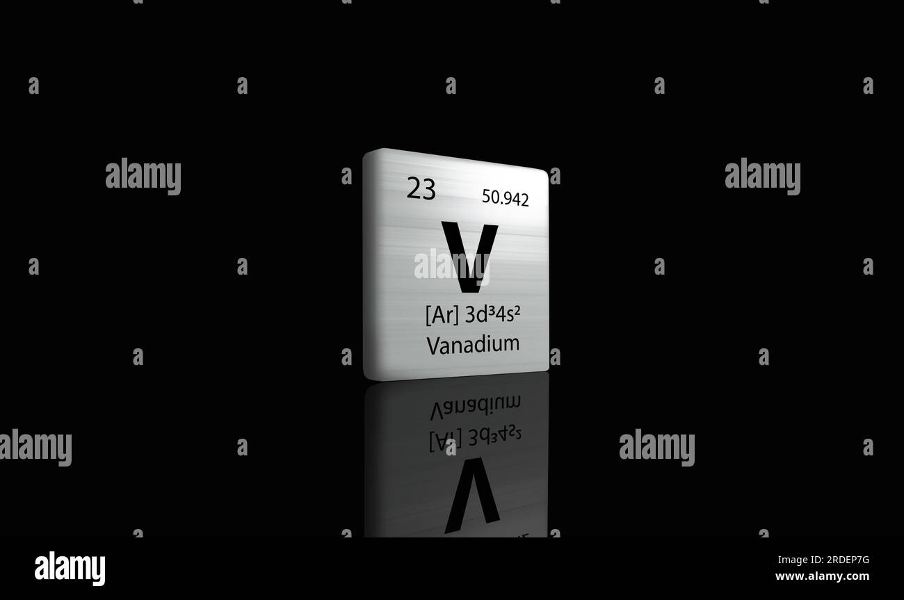 Élément vanadium sur un tableau périodique métallique sur fond sombre. Icône de rendu 3D et illustration. Banque D'Images