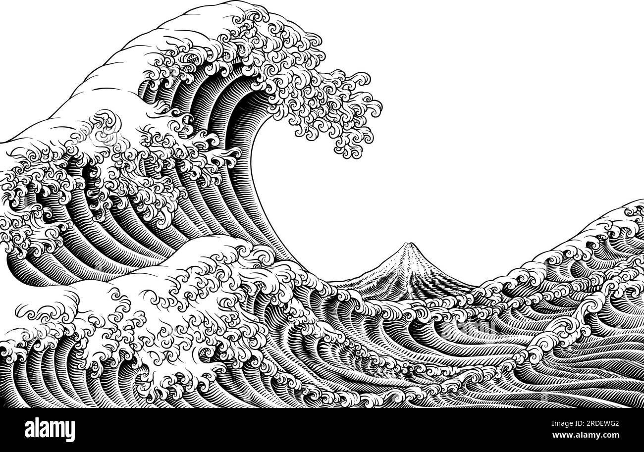 Style de coupe de bois japonais gravé Great Wave Vintage Illustration de Vecteur
