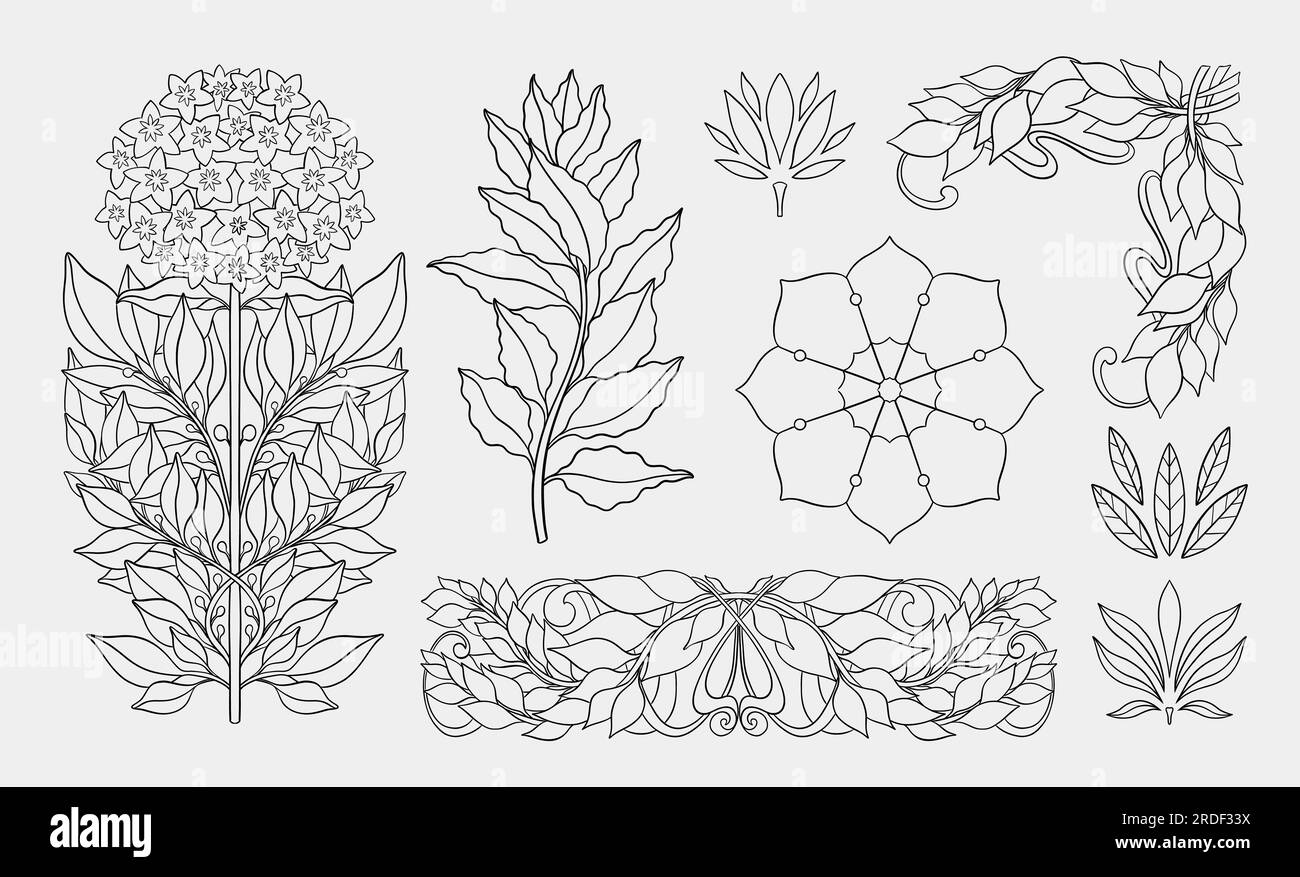 Feuille de Laurier florale en art nouveau 1920-1930. Dessiné à la main dans un style linéaire avec des tissages de lignes, de feuilles et de fleurs. Illustration de Vecteur