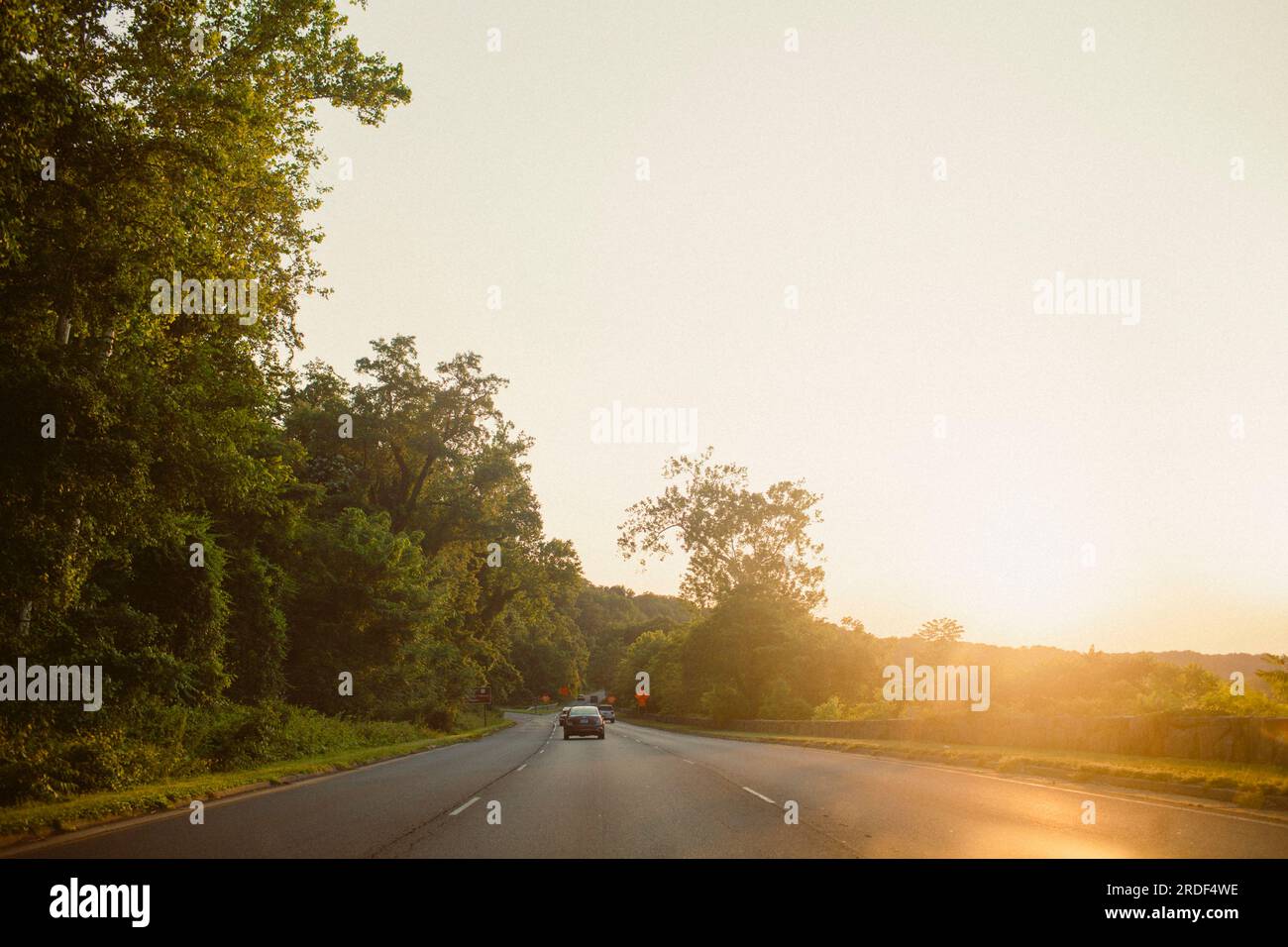 Les voitures descendent la route au coucher du soleil entouré d'arbres. Banque D'Images