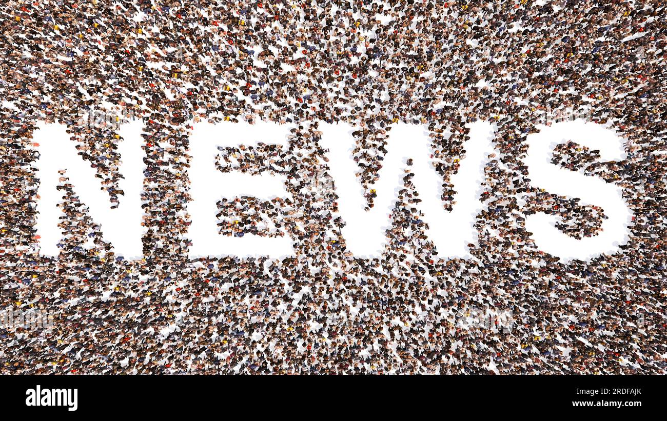 Concept ou conceptuel grande communauté de personnes formant le mot NOUVELLES. 3d métaphore de l'illustration pour la communication, les médias, la télévision, le journalisme Banque D'Images