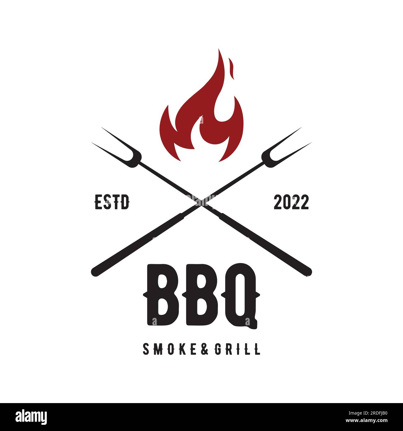 Barbecue grill chaud logo typographique vintage avec flammes croisées et spatule. Logo pour restaurant, badge, café et bar. Illustration de Vecteur