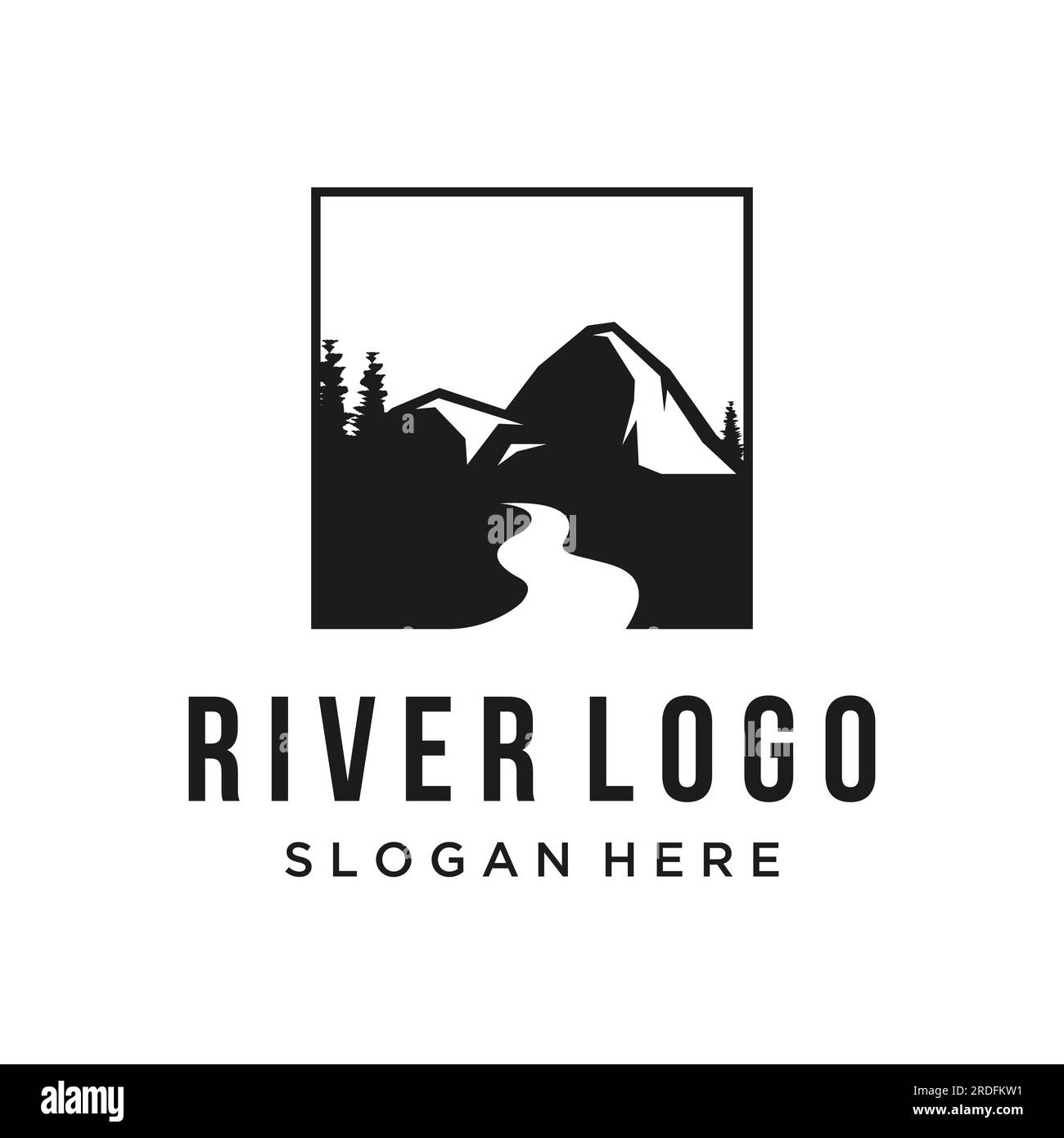 Logos de rivières, ruisseaux, berges et ruisseaux. Logo de rivière avec combinaison de montagnes et de terres agricoles avec conception de concept vectoriel. Illustration de Vecteur