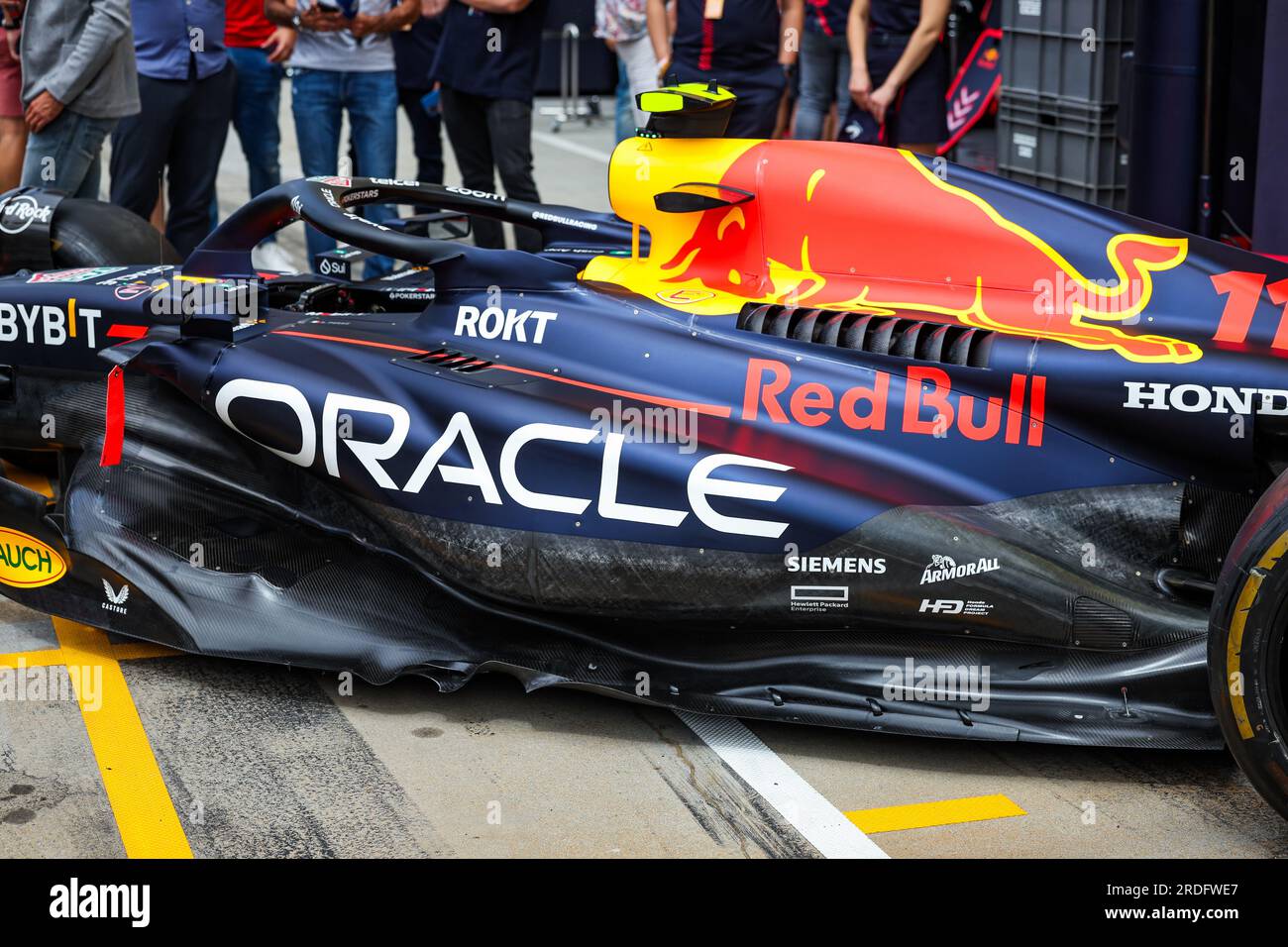 Red Bull Racing RB19, détail mécanique de la nouvelle nacelle latérale, prise d'air et plancher lors du Grand Prix de Hongrie de Formule 1 Qatar Airways 2023, 11e manche du Championnat du monde de Formule 1 2023 du 21 au 23 juillet 2023 sur le Hungaroring, à Mogyorod, Hongrie Banque D'Images