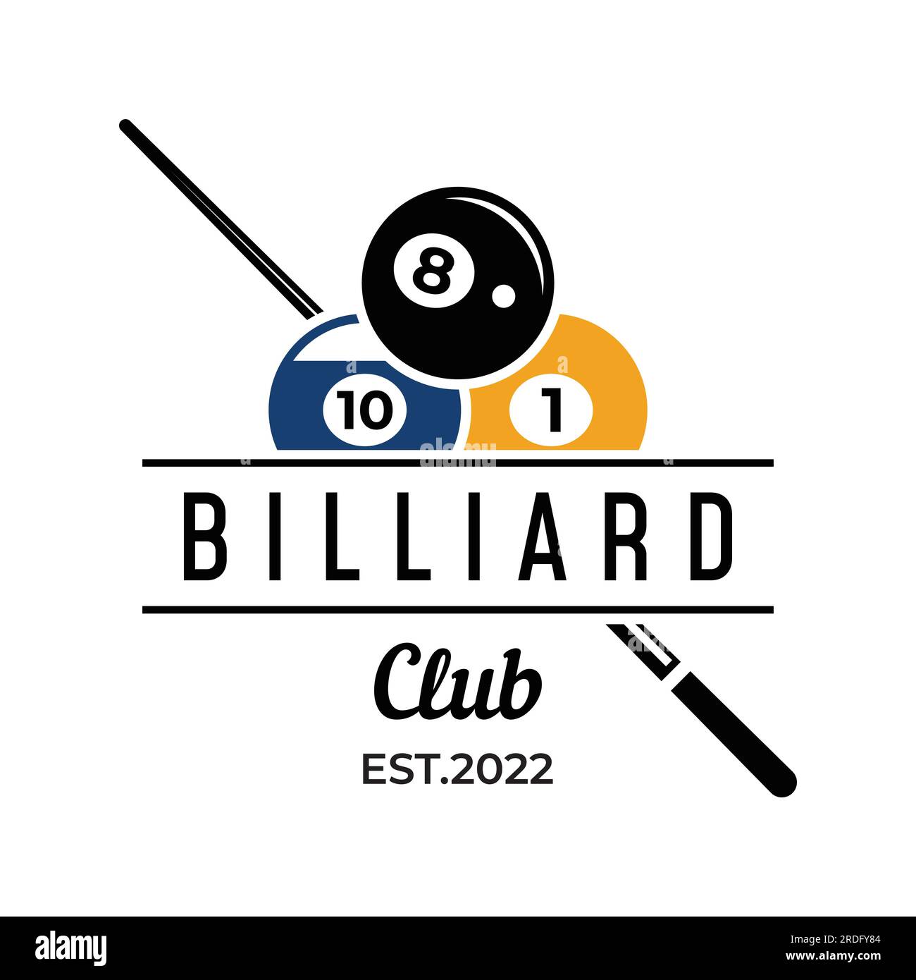 Modèle de logo créatif billard et bâton de queue. Logo du jeu de sport de billard, club, tournoi et championnat. Illustration de Vecteur
