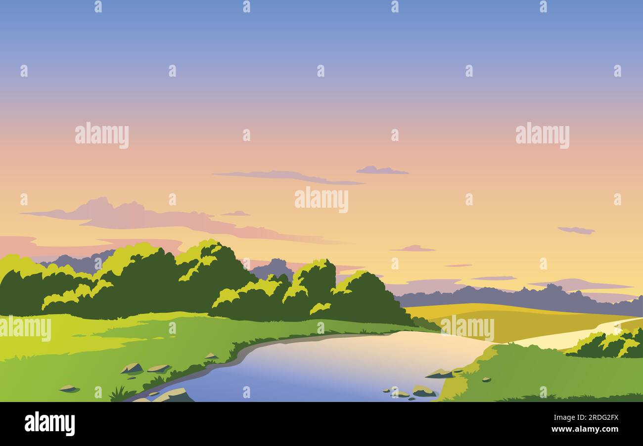 Paysage vectoriel avec rivière, ciel et nuages. Coucher de soleil. Style de dessin animé anime. Conception de l'arrière-plan Illustration de Vecteur