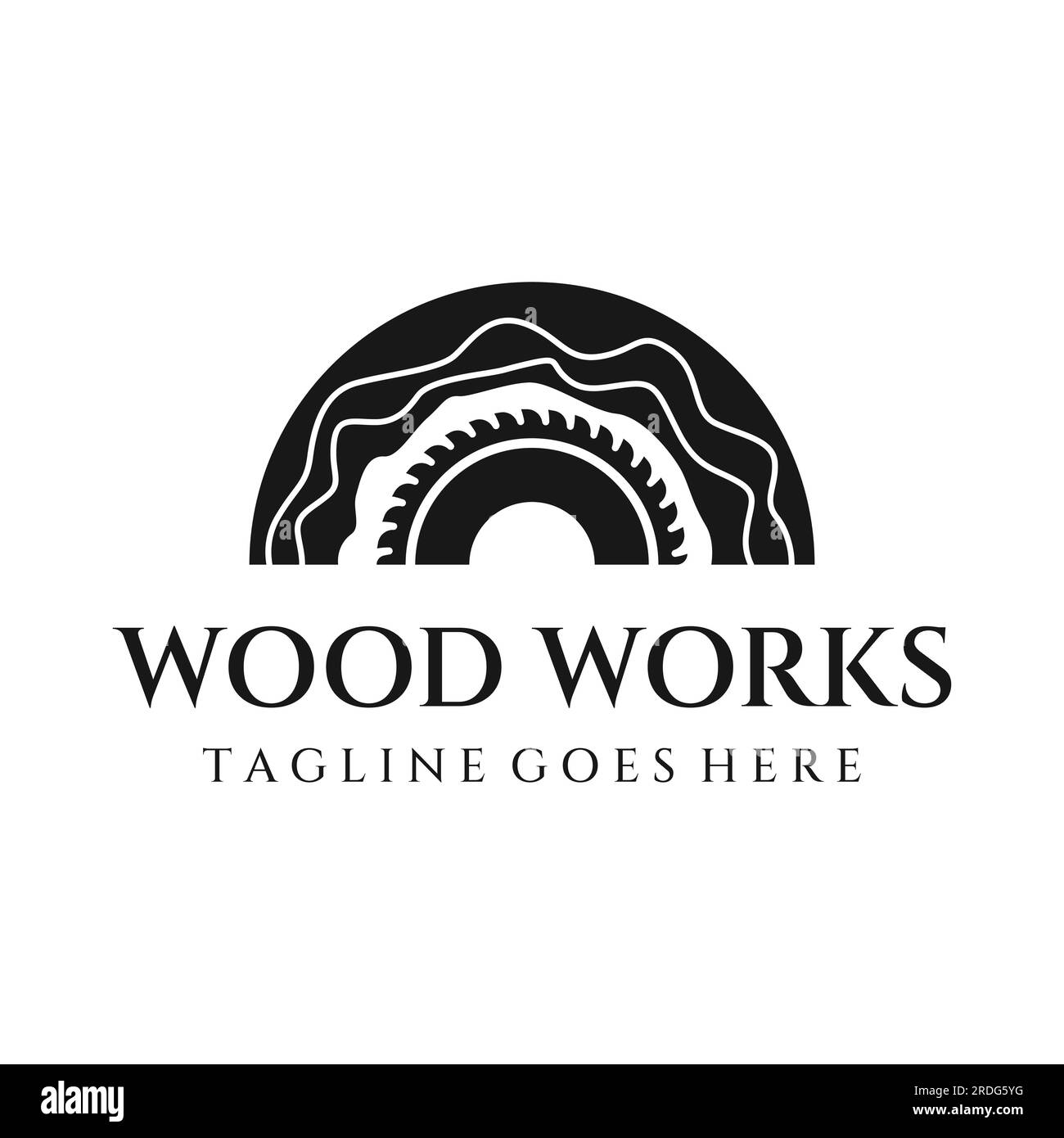 Conception de logo en bois et fibre naturelle, charpentier et planches de bois avec outils d'artisan de scie. Illustration de Vecteur