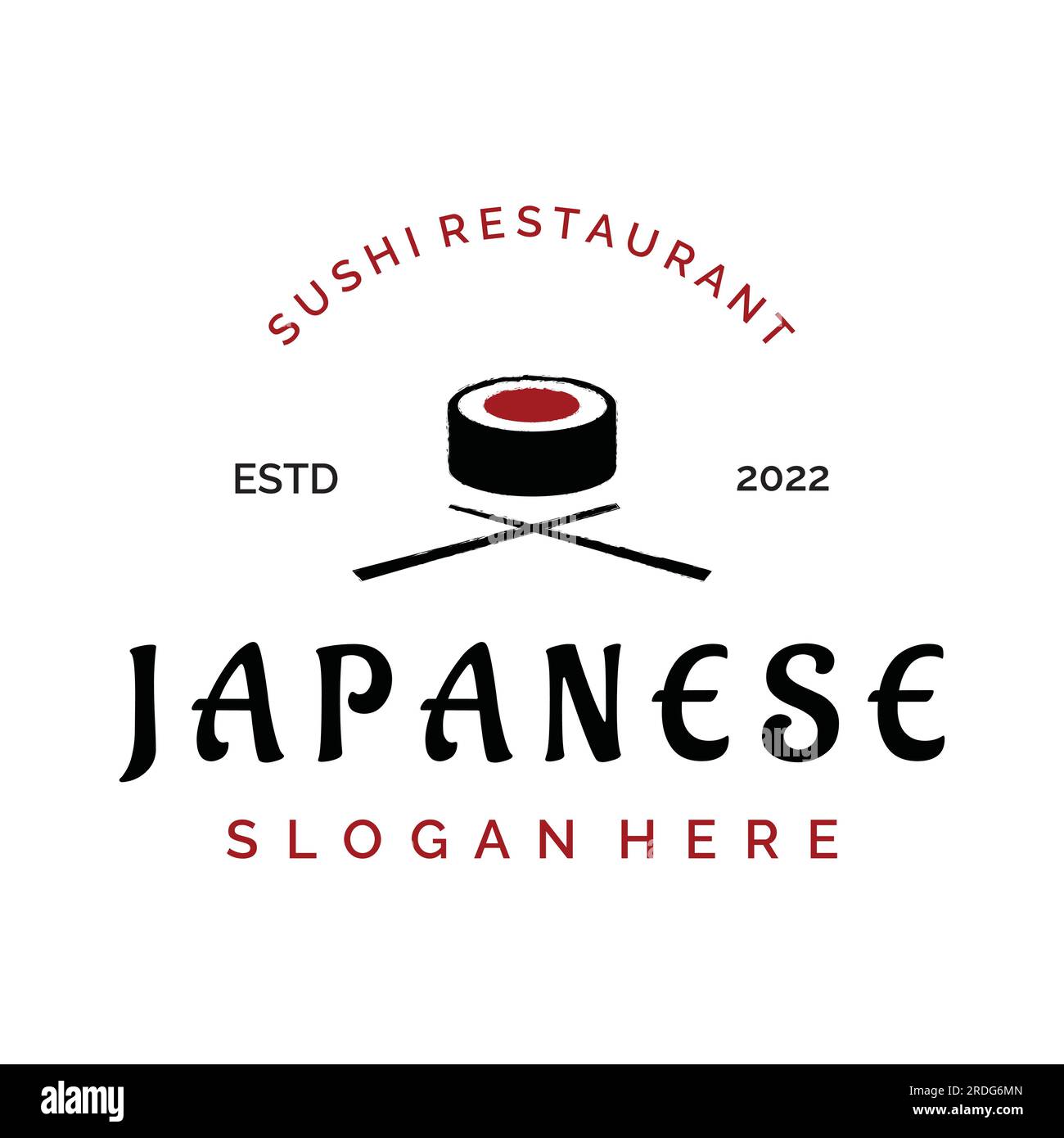 Modèle de logo sushi.fruits de mer ou cuisine japonaise traditionnelle avec saumon, nourriture délicieuse.logo pour restaurant japonais, bar, magasin de sushi. Illustration de Vecteur