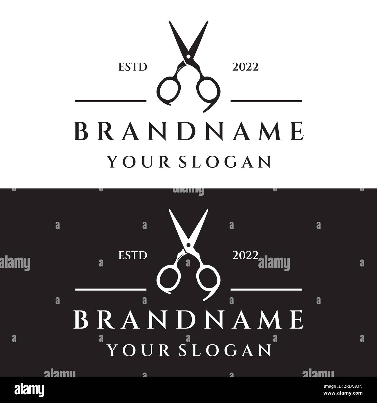 Logo de ciseaux de salon de coiffure classique créatif et simple isolé sur fond noir et blanc. Pour les affaires, salon de coiffure, salon, beauté. Illustration de Vecteur
