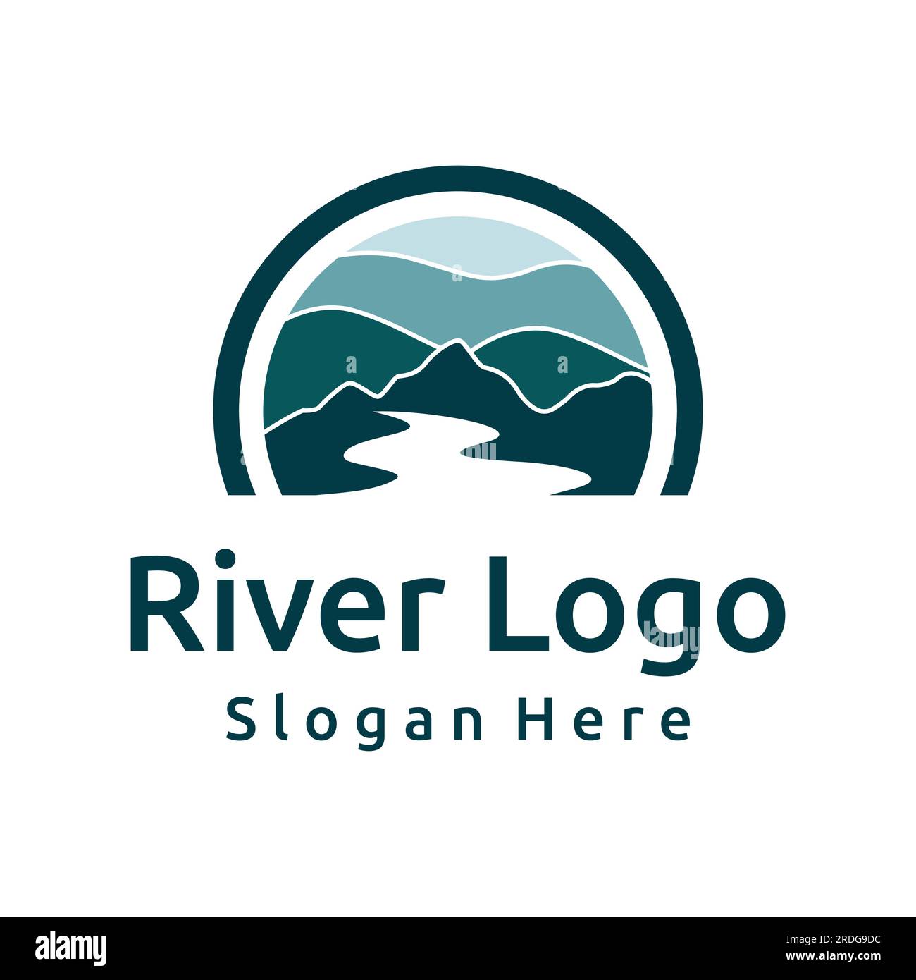 Logos de rivières, ruisseaux, berges et ruisseaux. Logo de rivière avec combinaison de montagnes et de terres agricoles avec conception de concept vectoriel. Illustration de Vecteur