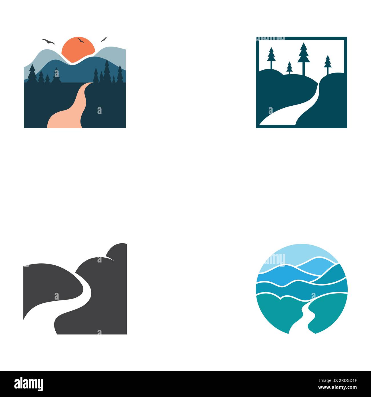 Logos de rivières, ruisseaux, berges et ruisseaux. Logo de rivière avec combinaison de montagnes et de terres agricoles avec conception de concept vectoriel. Illustration de Vecteur
