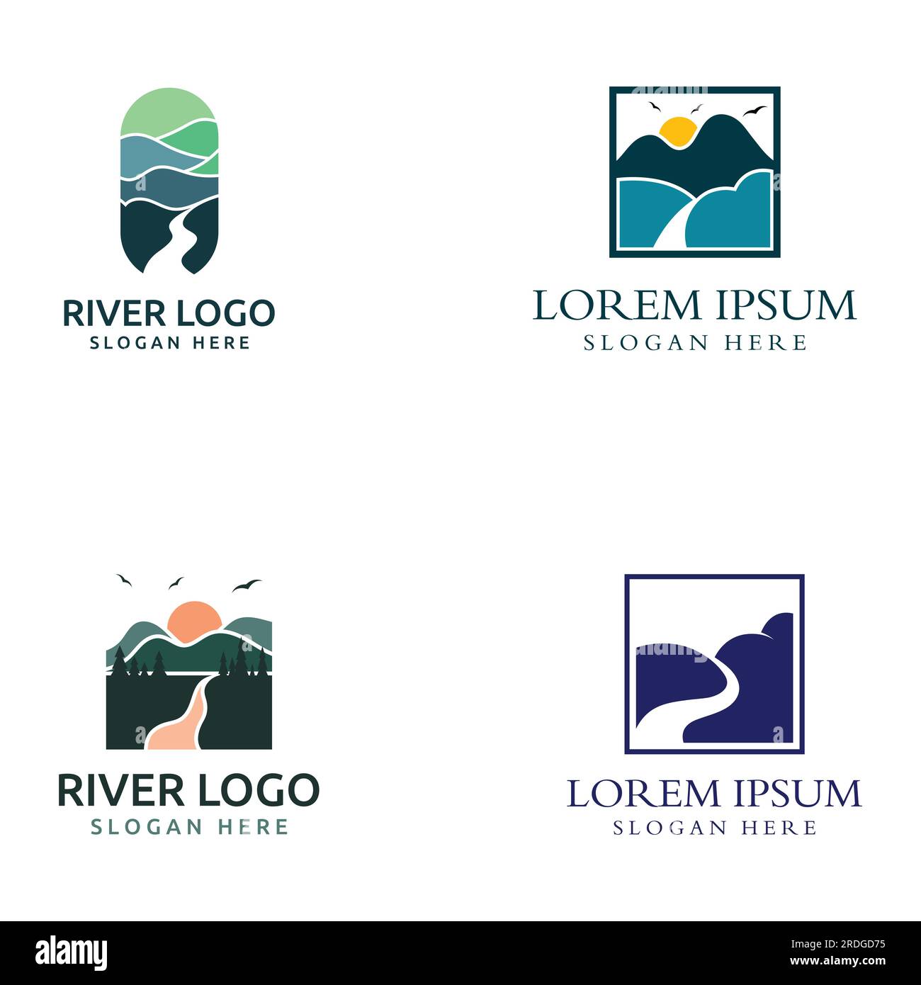 Logos de rivières, ruisseaux, berges et ruisseaux. Logo de rivière avec combinaison de montagnes et de terres agricoles avec conception de concept vectoriel. Illustration de Vecteur