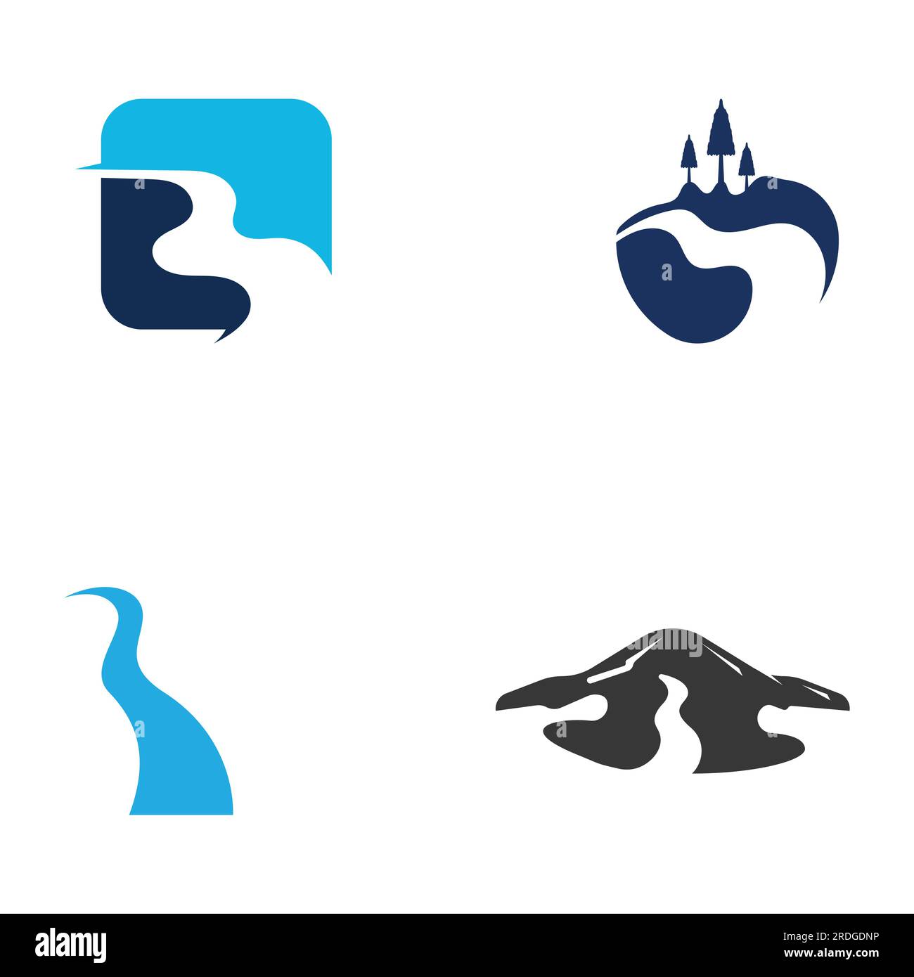 Logos de rivières, ruisseaux, berges et ruisseaux. Logo de rivière avec combinaison de montagnes et de terres agricoles avec conception de concept vectoriel. Illustration de Vecteur