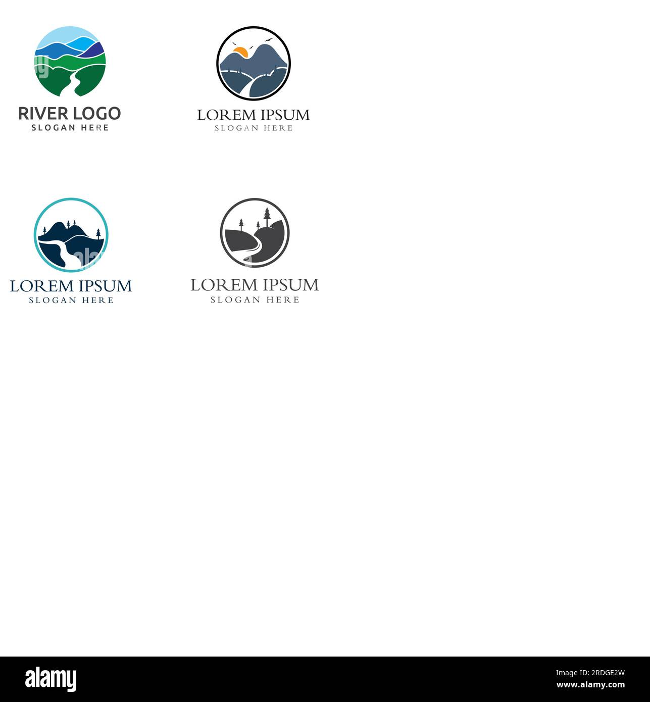 Logos de rivières, ruisseaux, berges et ruisseaux. Logo de rivière avec combinaison de montagnes et de terres agricoles avec conception de concept vectoriel. Illustration de Vecteur