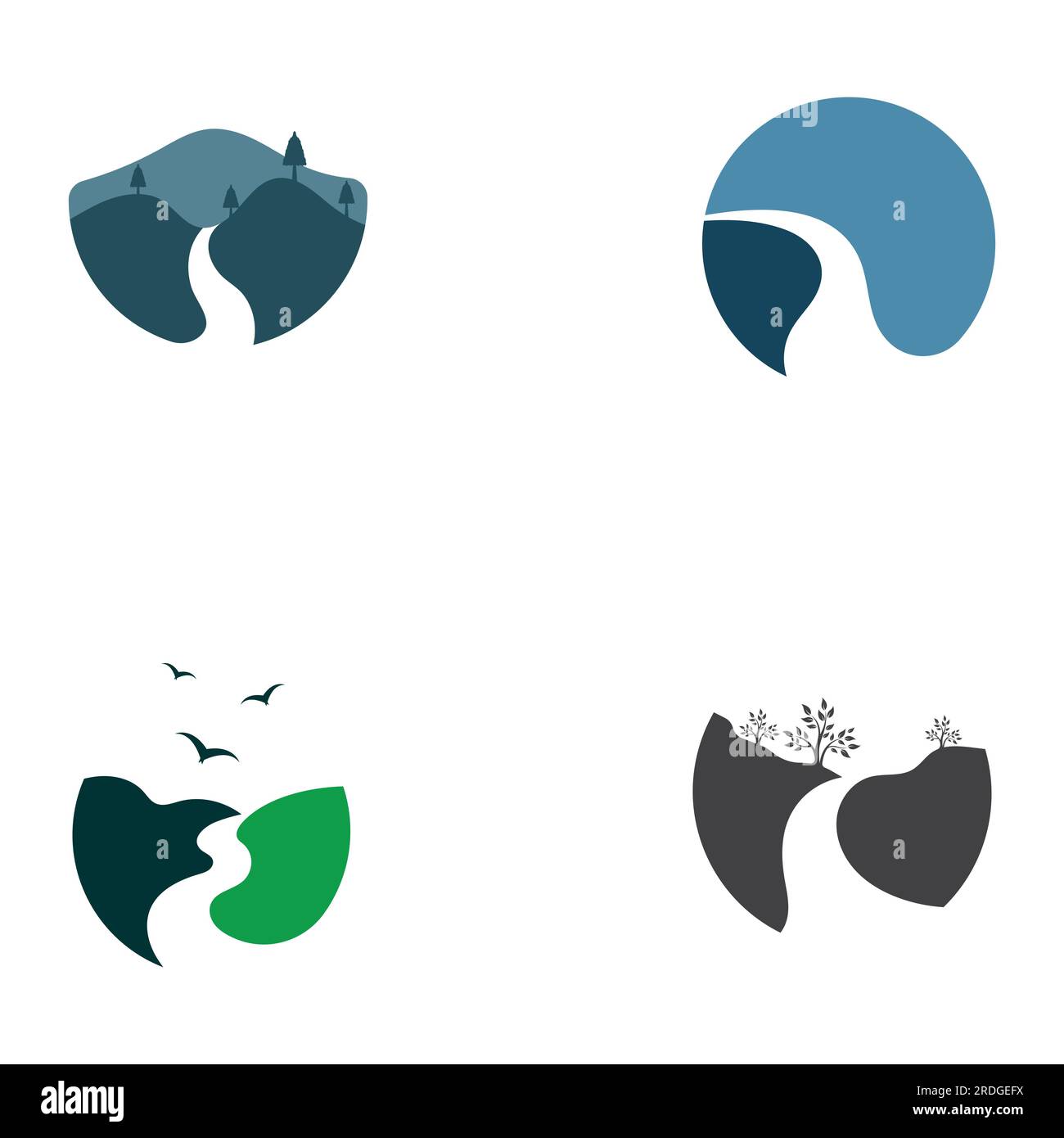 Logos de rivières, ruisseaux, berges et ruisseaux. Logo de rivière avec combinaison de montagnes et de terres agricoles avec conception de concept vectoriel. Illustration de Vecteur