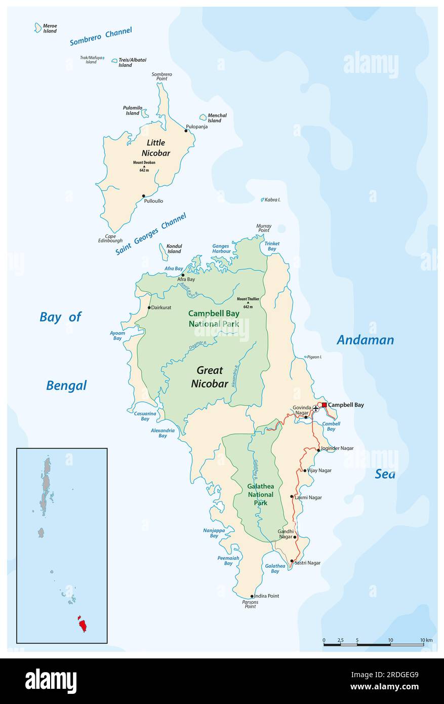 Carte vectorielle des îles des indes orientales Grande et petite Nicobar Banque D'Images