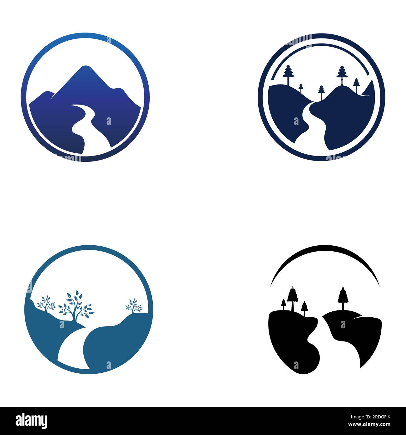 Logos de rivières, ruisseaux, berges et ruisseaux. Logo de rivière avec combinaison de montagnes et de terres agricoles avec conception de concept vectoriel. Illustration de Vecteur