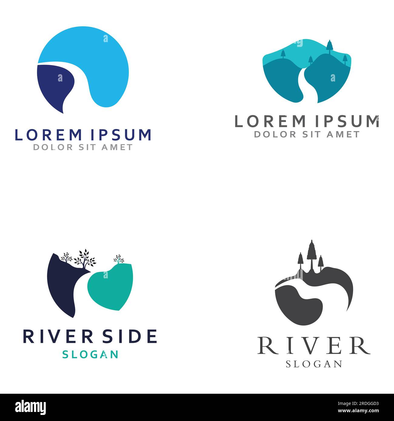Logos de rivières, ruisseaux, berges et ruisseaux. Logo de rivière avec combinaison de montagnes et de terres agricoles avec conception de concept vectoriel. Illustration de Vecteur