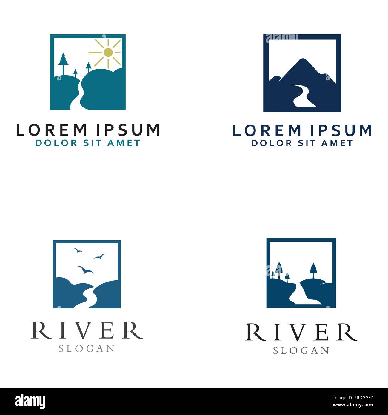 Logos de rivières, ruisseaux, berges et ruisseaux. Logo de rivière avec combinaison de montagnes et de terres agricoles avec conception de concept vectoriel. Illustration de Vecteur