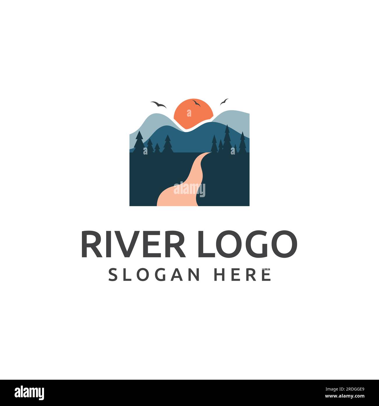 Logos de rivières, ruisseaux, berges et ruisseaux. Logo de rivière avec combinaison de montagnes et de terres agricoles avec conception de concept vectoriel. Illustration de Vecteur