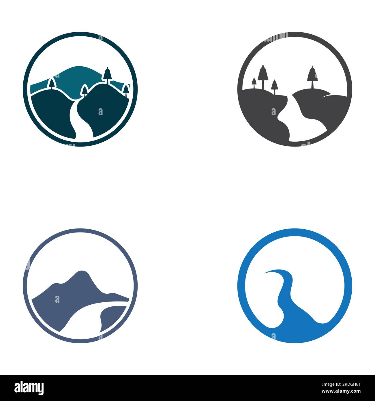 Logos de rivières, ruisseaux, berges et ruisseaux. Logo de rivière avec combinaison de montagnes et de terres agricoles avec conception de concept vectoriel. Illustration de Vecteur