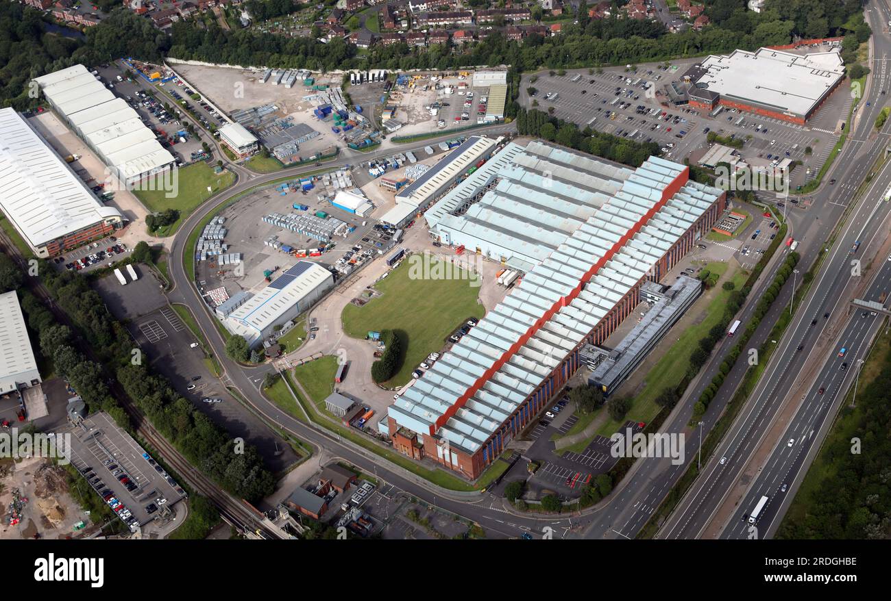 Vue aérienne des imprimeries Reach Printing Services (Oldham) Ltd à Chadderton, Oldham, Greater Manchester Banque D'Images