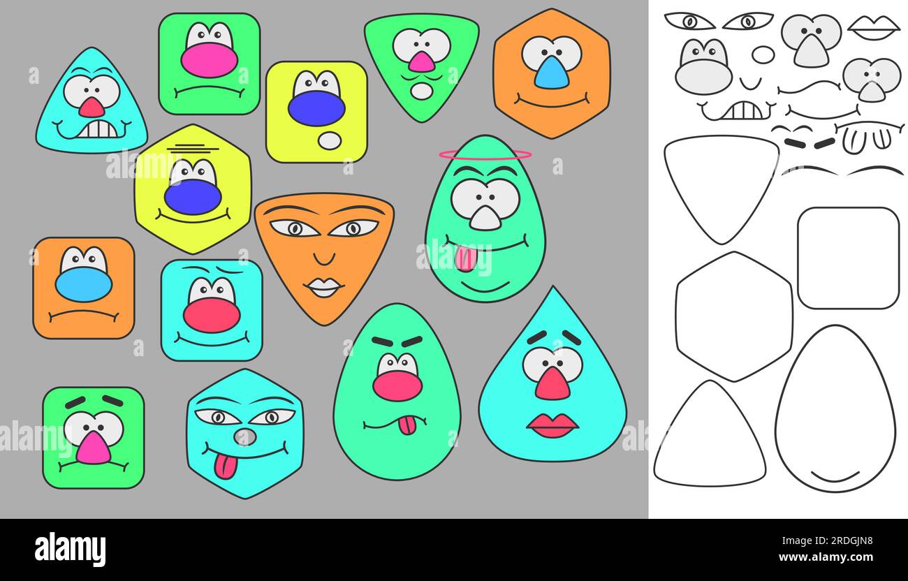 Un ensemble de visages drôles. Visages avec émotions. Éléments et formes pour créer différentes faces. Illustration de Vecteur