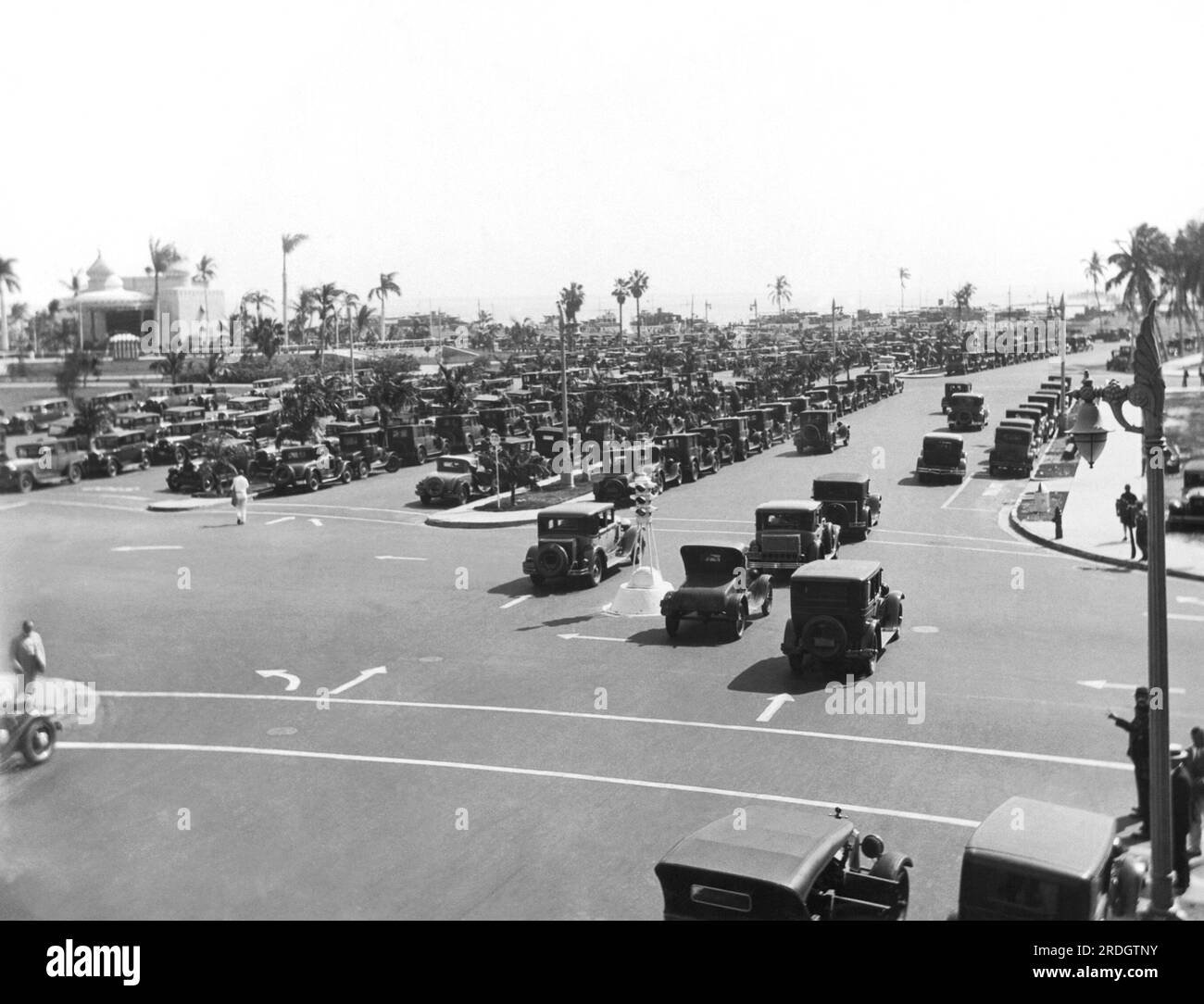 Miami, Floride : le 1929 Biscayne Boulevard regorge de voitures de fans venus voir le match de boxe poids lourds Young Stribling vesus Jack Sharkey. Banque D'Images