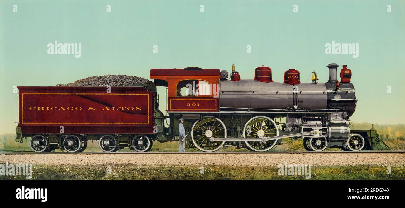 États-Unis : c. 1893. Un photochrome d'une locomotive Chicago & Alton Railroad avec son wagon de charbon. Cette image a été à l'origine produite par The Detroit Publishing Company. Banque D'Images