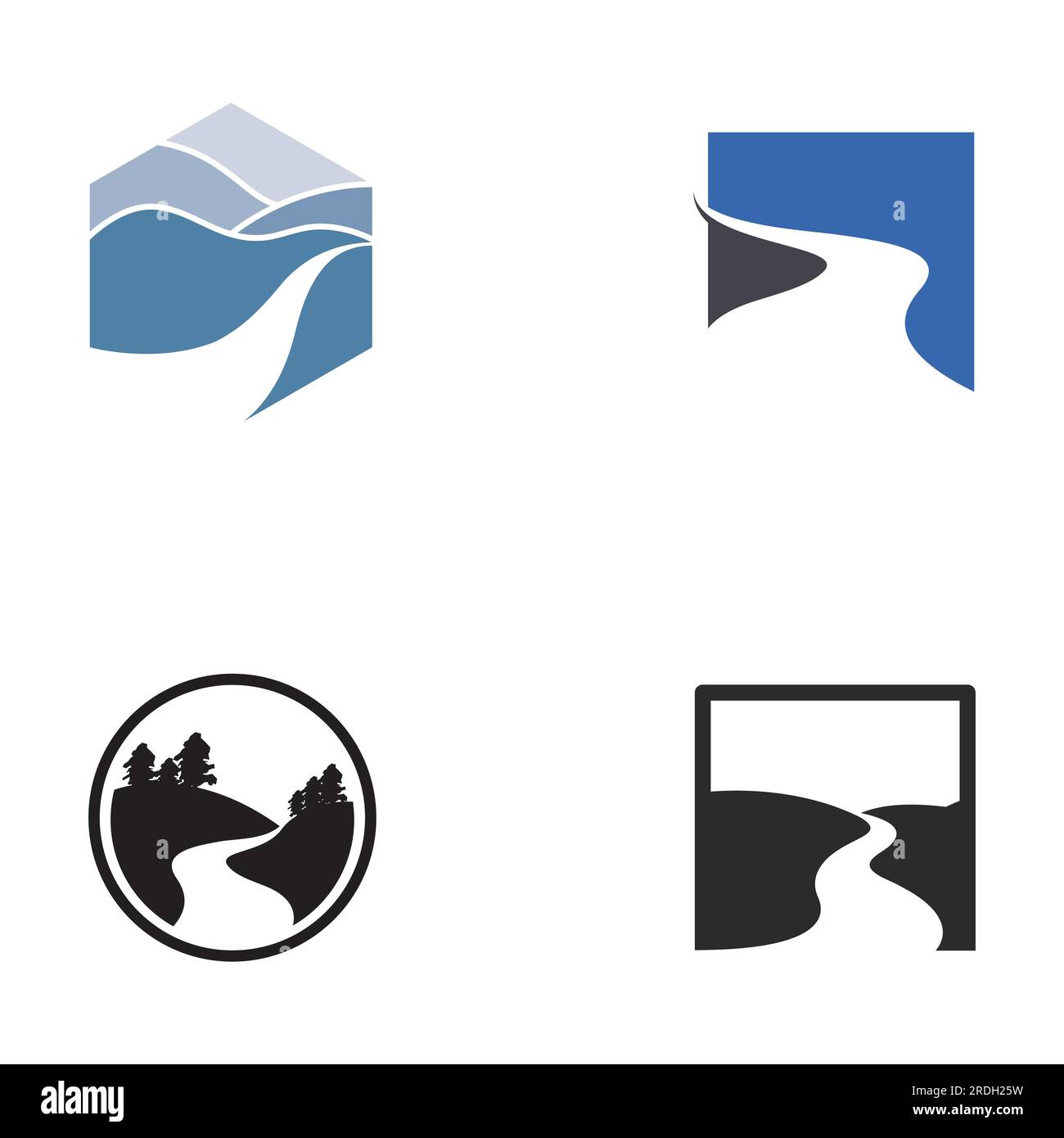 Logos de rivières, ruisseaux, berges et ruisseaux. Logo de rivière avec combinaison de montagnes et de terres agricoles avec conception de concept vectoriel. Illustration de Vecteur