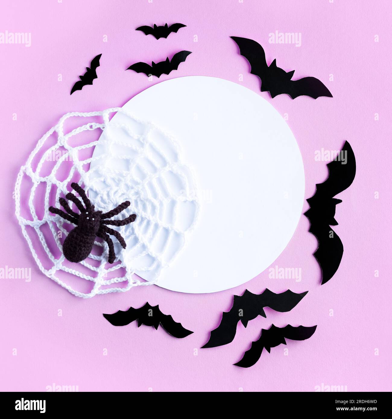 Composition de chauves-souris noires et d'araignée tricotée avec toile avec place ronde blanche pour un texte inspirant et motivant. Concept Halloween. Maquette pour spéc Banque D'Images
