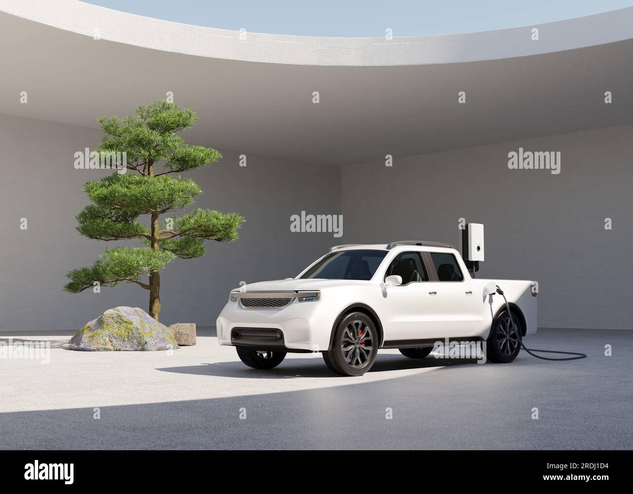Camionnette électrique blanche chargeant dans la cour de style jardin zen japonais. Conception générique. Image de rendu 3D. Banque D'Images