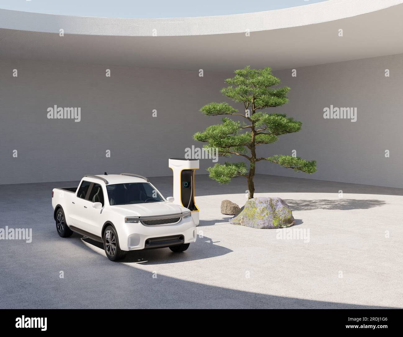 Camionnette électrique blanche chargeant dans la cour de style jardin zen japonais. Conception générique. Image de rendu 3D. Banque D'Images