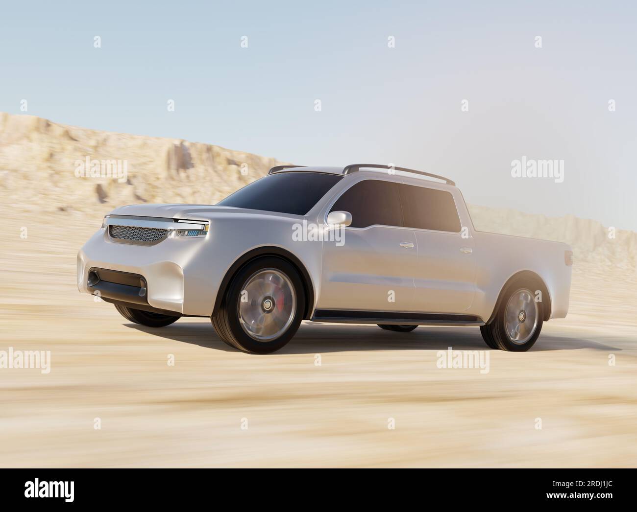 Camionnette électrique argentée conduisant dans le désert. Conception générique. Image de rendu 3D. Banque D'Images