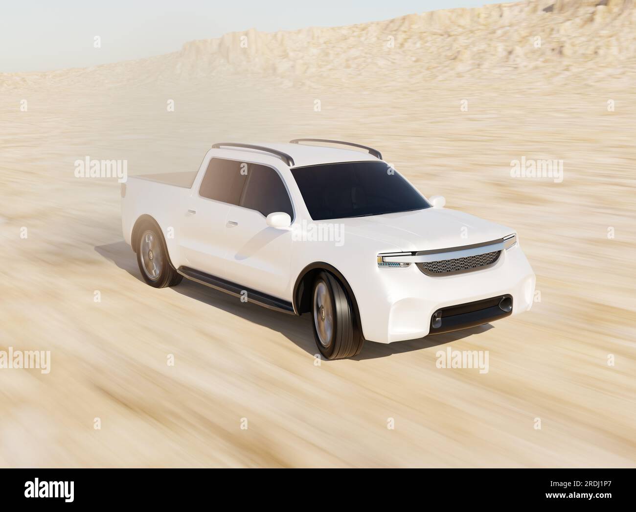 Camionnette électrique blanche conduisant dans le désert. Conception générique. Image de rendu 3D. Banque D'Images
