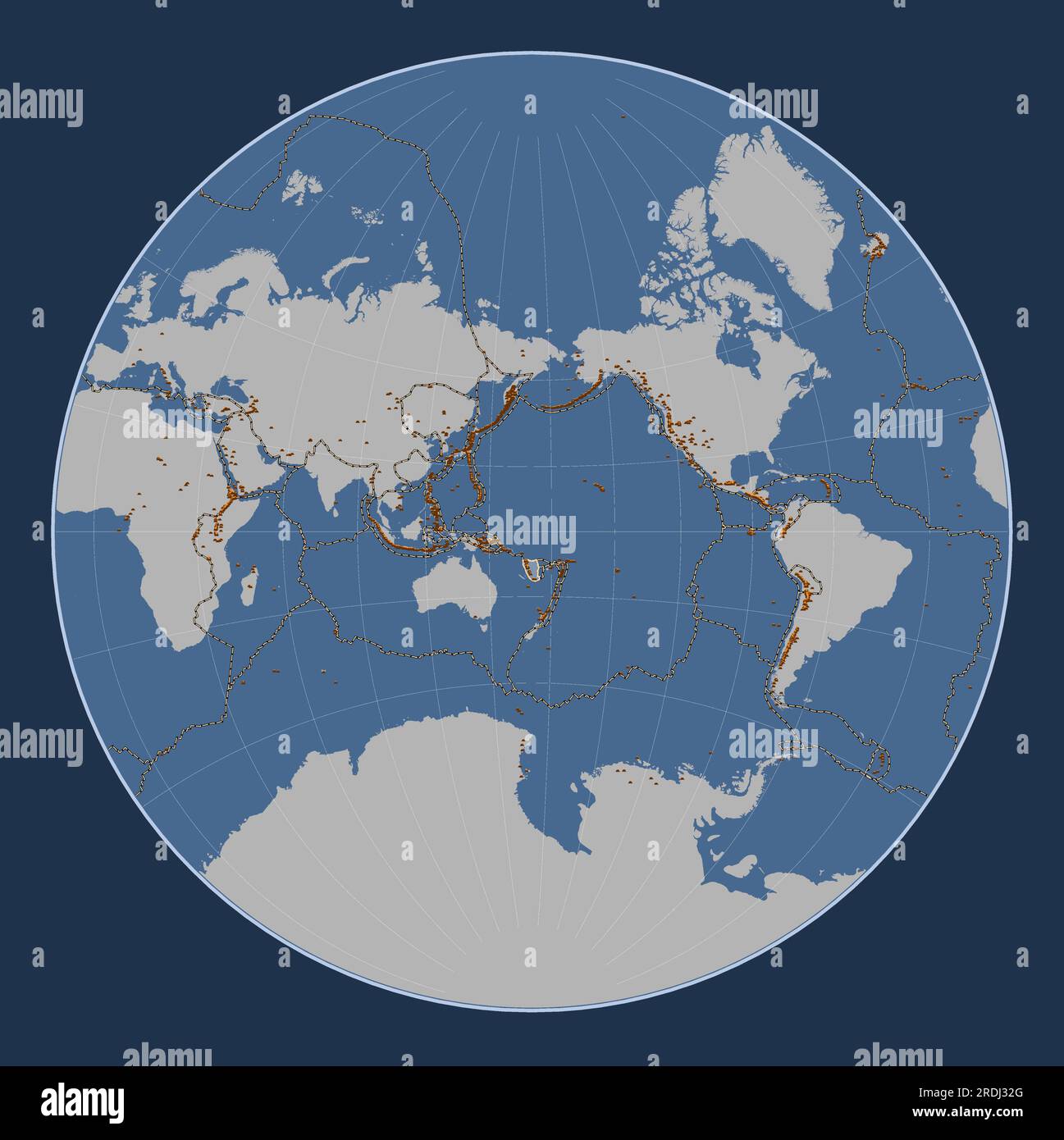 Forme de la plaque tectonique des nouvelles Hébrides sur la carte de contour solide dans la projection de Lagrange centrée méridien. Répartition des volcans connus Illustration de Vecteur