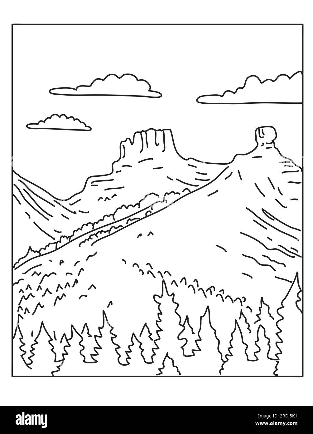 Illustration mono-ligne du monument national de Chimney Rock dans la forêt nationale de San Juan dans le sud-ouest du Colorado fait dans le style d'art de ligne monoline. Banque D'Images