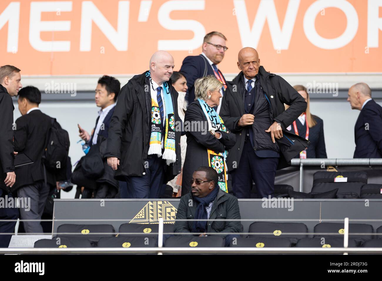 Auckland, Nouvelle-Zélande. 22 juillet 2023. Gianni Infantino, président de la FIFA, et Pierluigi Collina, président du comité des arbitres de la FIFA, arrivent pour assister au match de football du groupe E de la coupe du monde féminine 2023 entre les États-Unis et le Vietnam à Eden Park à Auckland, en Nouvelle-Zélande. (Ane Frosaker/SPP) crédit : SPP Sport Press photo. /Alamy Live News Banque D'Images