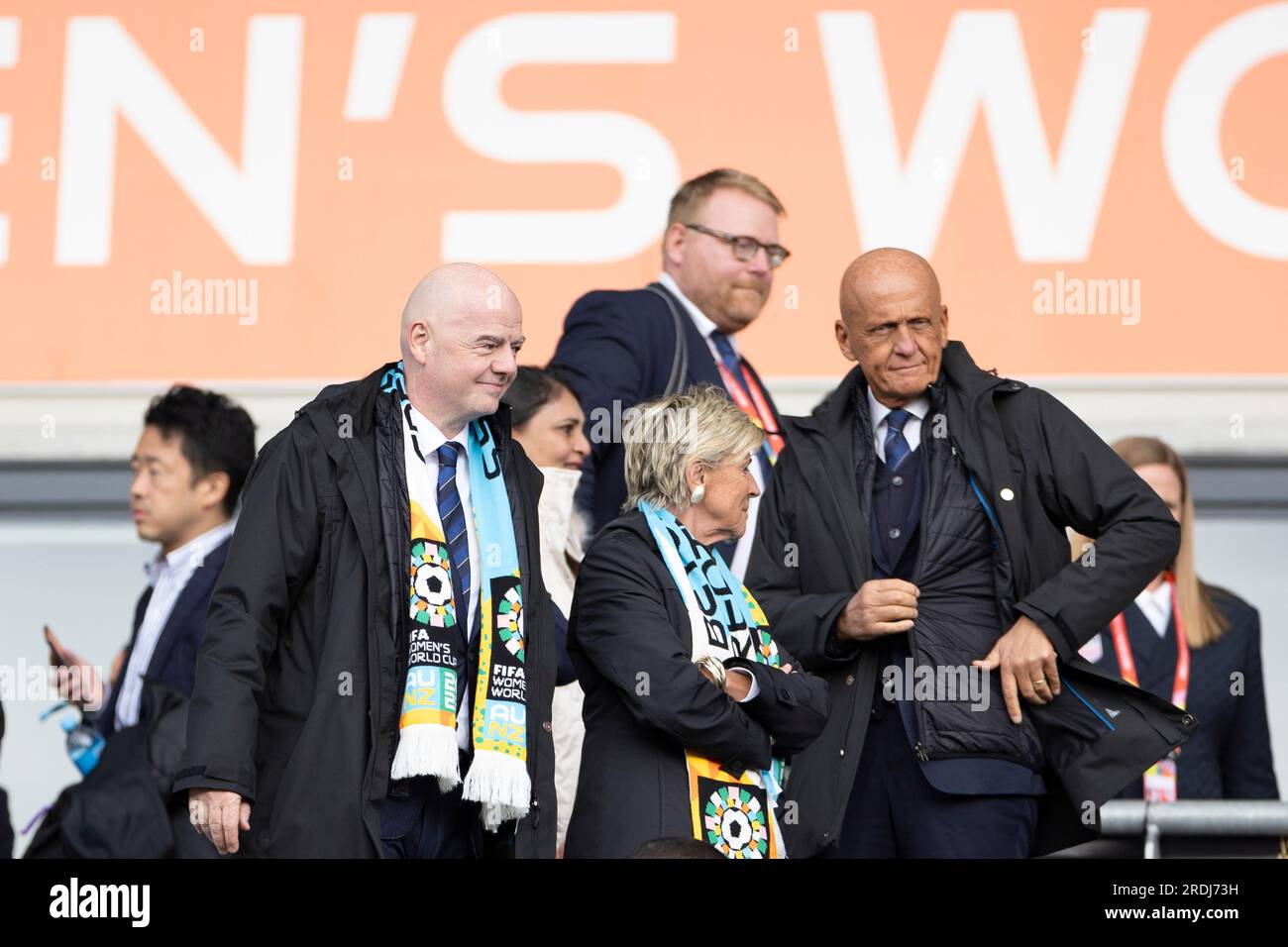 Auckland, Nouvelle-Zélande. 22 juillet 2023. Gianni Infantino, président de la FIFA, et Pierluigi Collina, président du comité des arbitres de la FIFA, arrivent pour assister au match de football du groupe E de la coupe du monde féminine 2023 entre les États-Unis et le Vietnam à Eden Park à Auckland, en Nouvelle-Zélande. (Ane Frosaker/SPP) crédit : SPP Sport Press photo. /Alamy Live News Banque D'Images